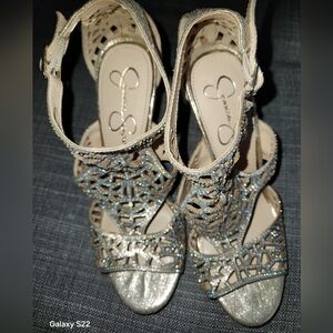 Jessica Simpson Silver Strappy Heels with Rhinestone Accents